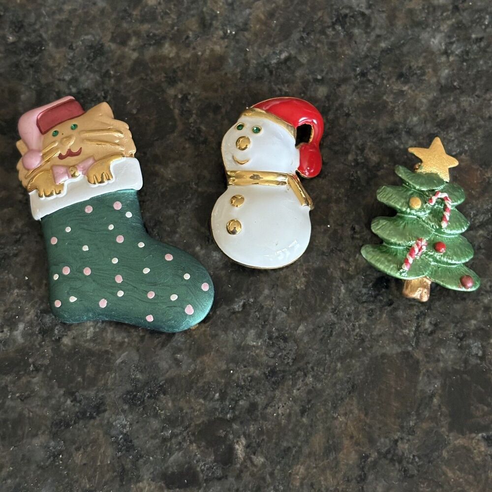 3 Christmas Pins Contemporary Metal Enameled Snowman Tree Kitty Cat In Stocking